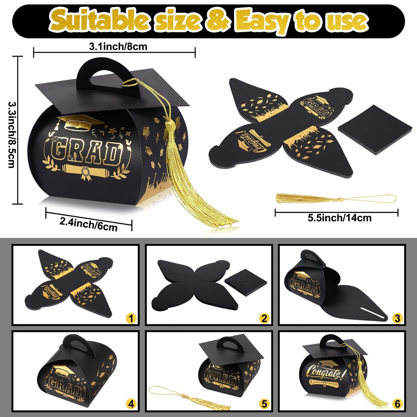 Spakon 30 Pcs Graduation Cap Gift Box Graduation Party Favors Candy Boxes Treat Box with Tassel Table Centerpieces Class of 2026 Grad Decorations(Black, Gold)