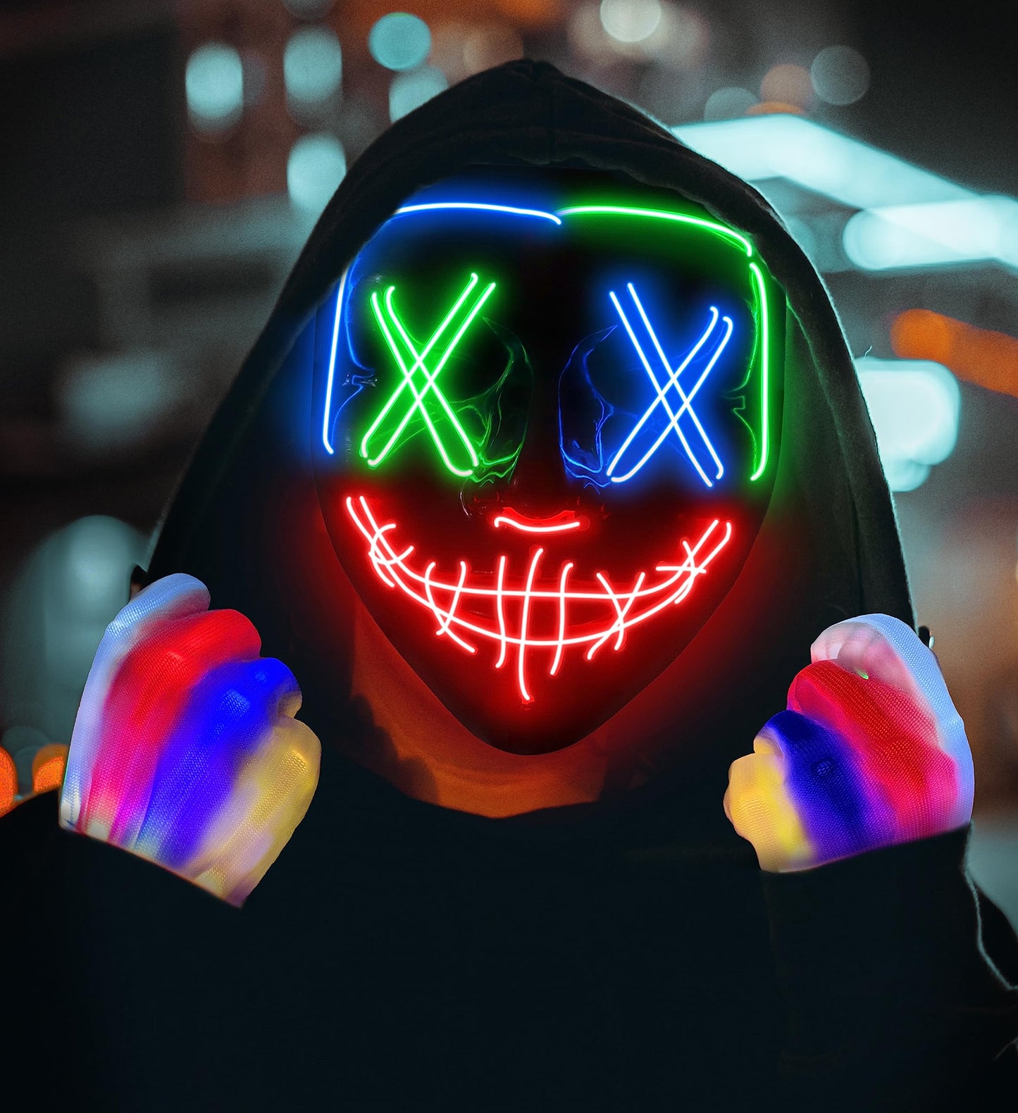 Halloween Mask Skeleton Gloves Set, Halloween Costumes Gifts for Men Women Boys Girls, 3 Modes Light Up Scary LED Mask with LED Glow Gloves, Halloween Decorations Scary Scream Anonymous Mask, 2 Pack