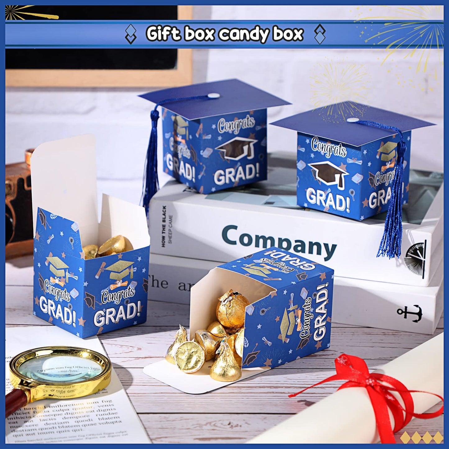 Pajean 30 Pcs Graduation Cap Candy Gift Box Grad Hat Gift Box Treat Boxes with Tassels Graduation Party Favors for Guests Class of 2026 Decorations(Blue)