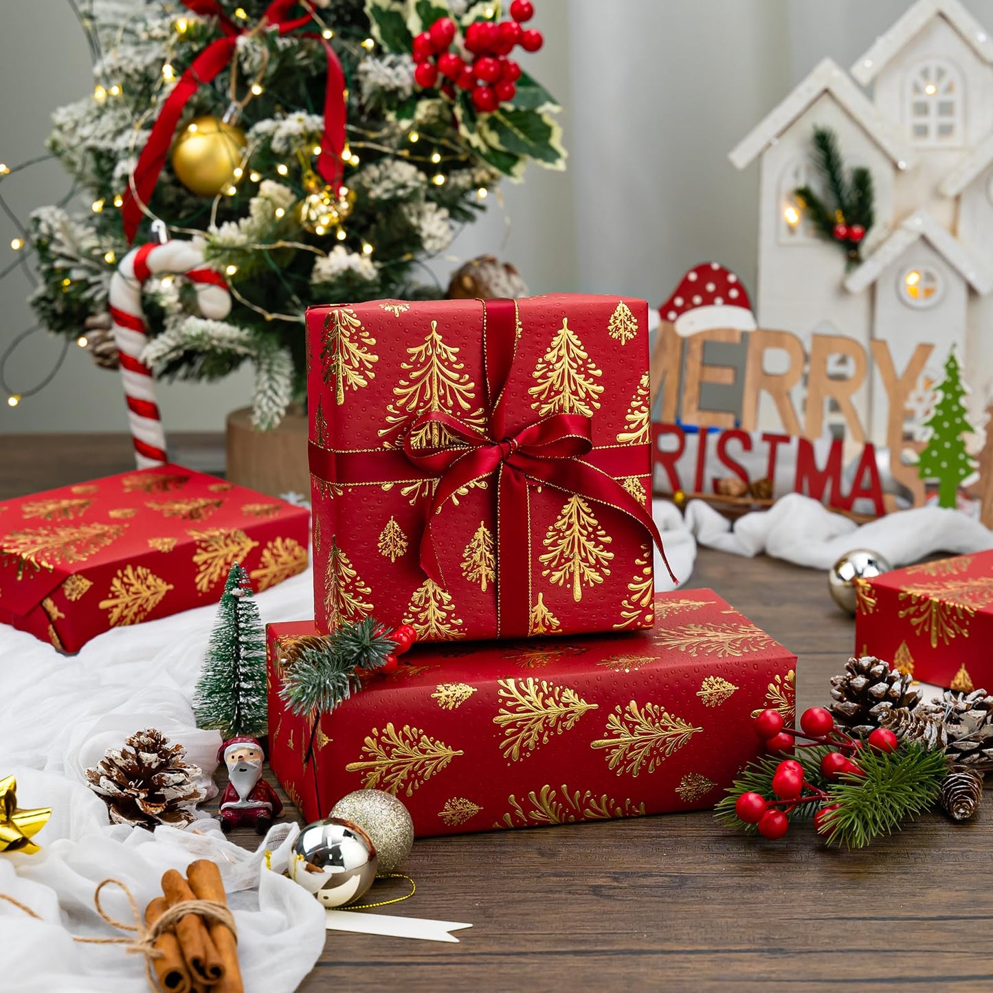 Kraft Christmas Wrapping Paper,Red and Gold 3D Embossed Foil Christmas Trees with Woodlands Wrap Paper for Holiday, Party,Celebration, New Year (17 Inch X 32.8 Feet)