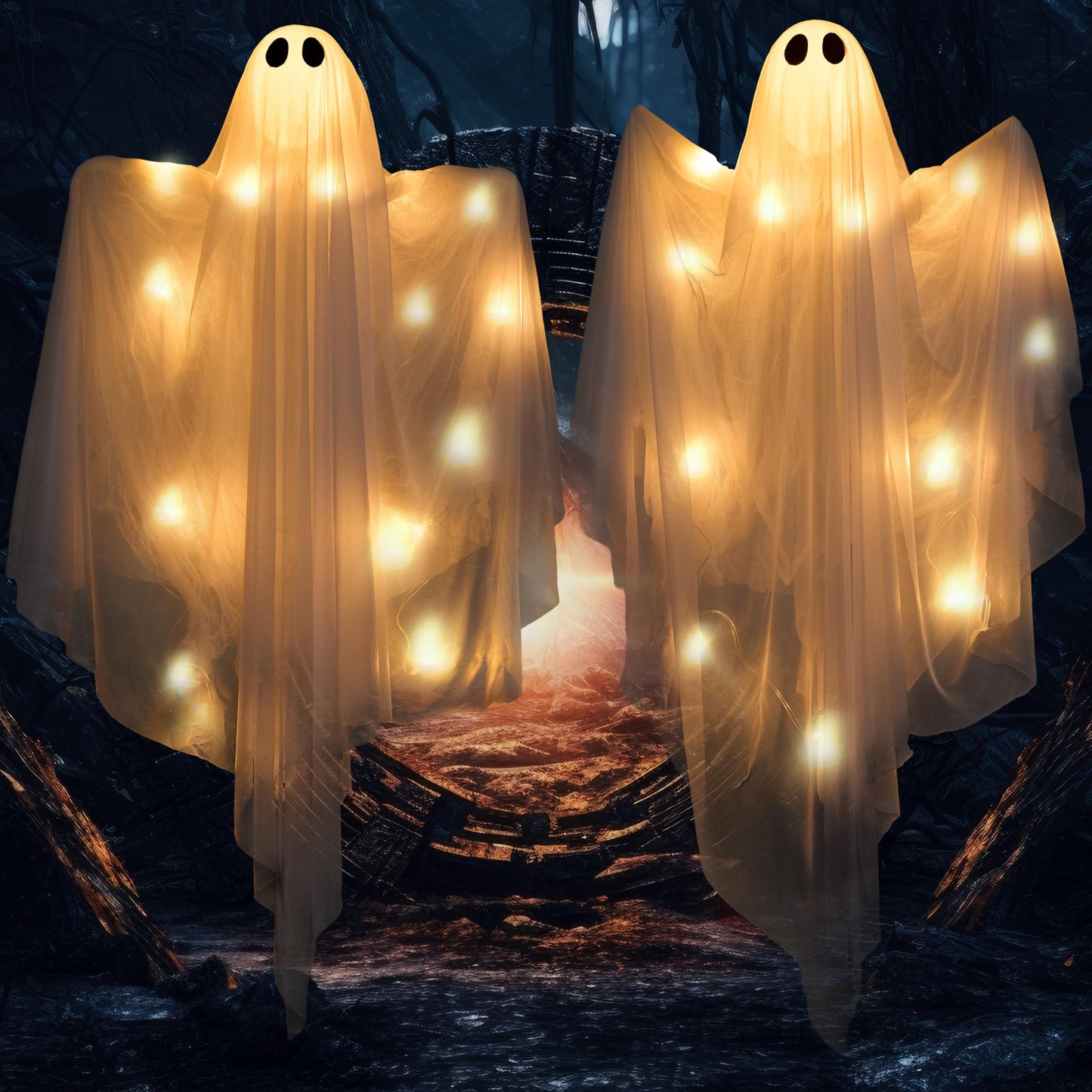 JOYIN 2 Pcs 47” Halloween Light up Hanging Ghost Decoration Outdoor with Warm LED Light, Halloween Flying Hanging Ghosts for Haunted House Prop, Front Yard Patio Party Decor Indoor Outdoor