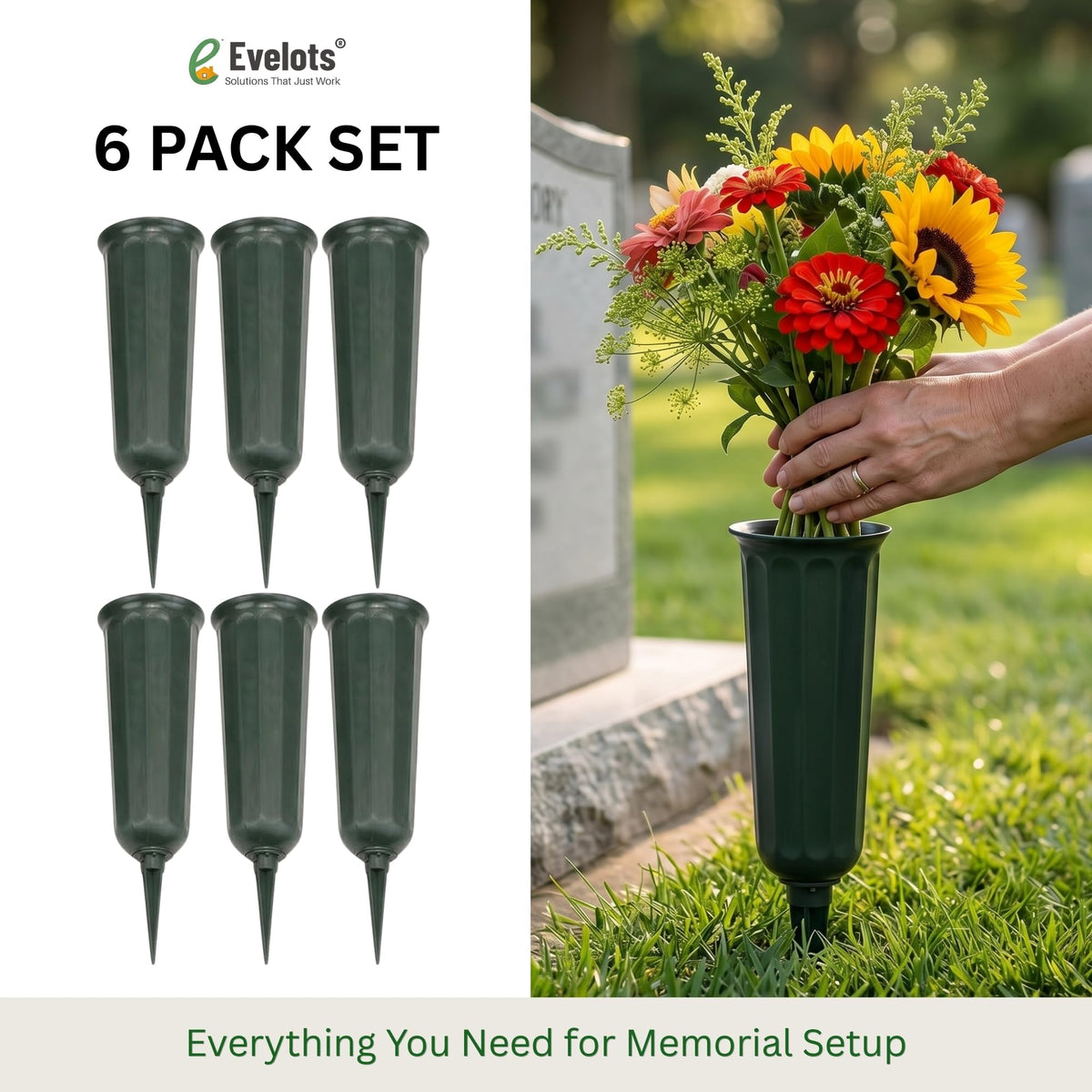 Evelots Cemetery Flower Vase with Sturdy Spikes/Stakes 6 Pack Outdoor Artificial or Fresh Flower Holder Grave Decoration