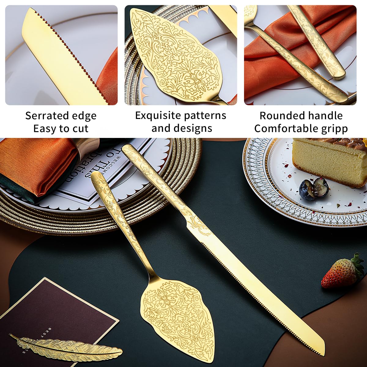 Berglander Gold Wedding Cake Knife and Server Set, Titanium Gold Plating With Unique Pattern Design Cake Cutter Serving Set Perfect For Wedding, Birthday, Parties and Events Dishwasher Safe