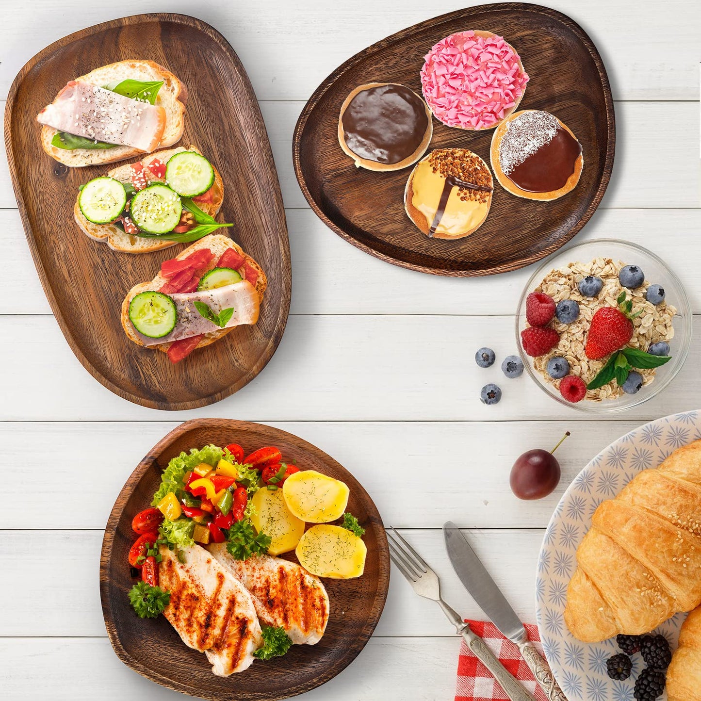Set of 5 Acacia Wood Serving Platter and Trays, Irregular Oval Solid Wood Plates Serving Tray, Lightweight Wood Dinner Plates for Breakfast, Coffee, Tea, Snack, Plant, Housewarming Gift