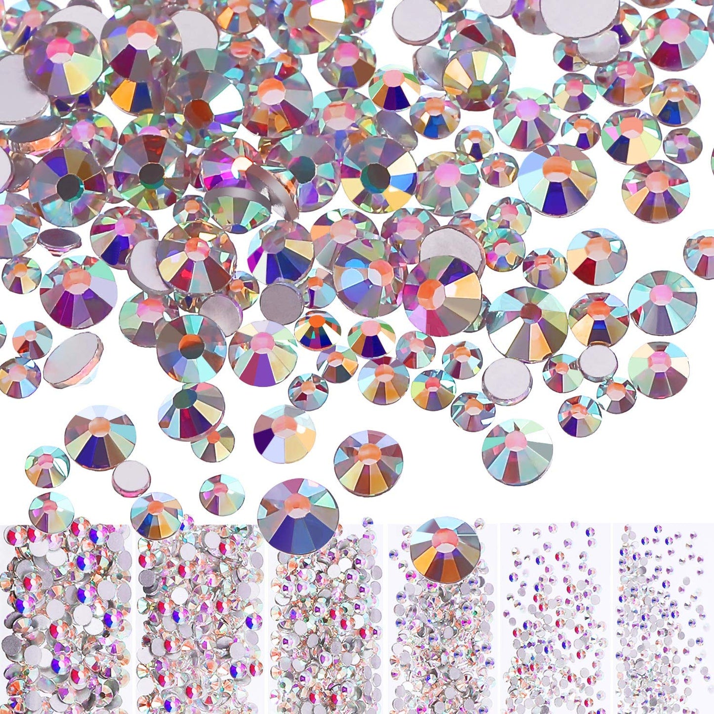 3456 Pcs Crystals Diamond Rhinestones AB Clear Flat Back Round Gems Flatback Glass Crystals Mixed Size Crystals Gems for Crafts Nail Clothes Shoes Makeup Bags Decor, 6 Sizes (Iridescent)