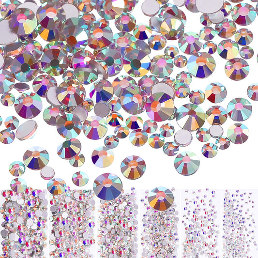 3456 Pcs Crystals Diamond Rhinestones AB Clear Flat Back Round Gems Flatback Glass Crystals Mixed Size Crystals Gems for Crafts Nail Clothes Shoes Makeup Bags Decor, 6 Sizes (Iridescent)