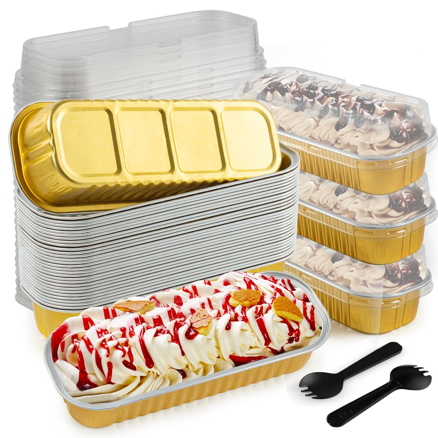 FFNIU 60Pcs Mini Loaf Pans with Lids and Spoons, Aluminum Foil Baking Pans, Rectangle Mini Cake Pan, Brownie Baking Cups for Picnics Party (Gold)