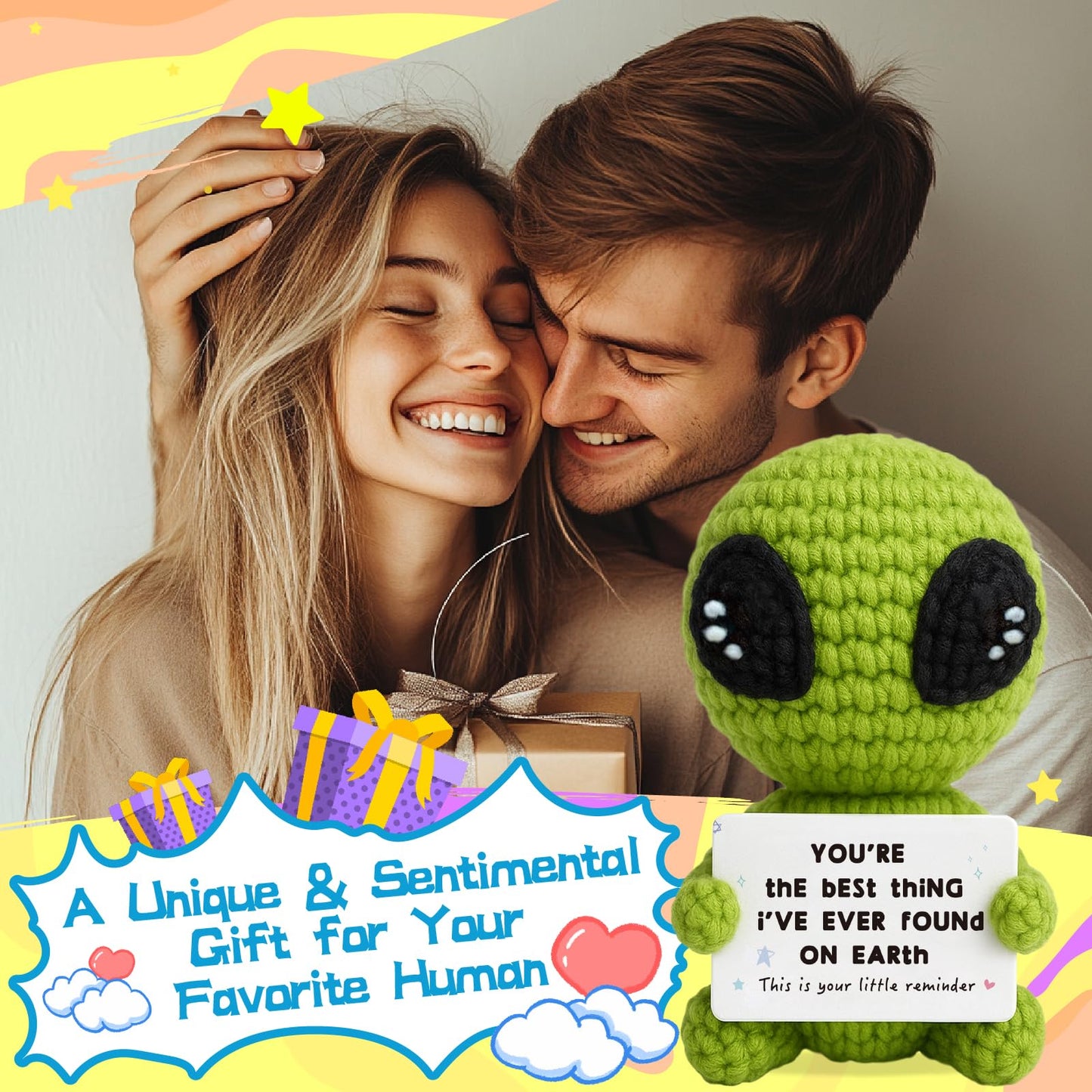 Unique Crochet Alien Gift for Boyfriend, Girlfriend, Anniversary, Valentine's Day, Birthday, Christmas Funny Romantic Gifts for Him Her to My Love Stocking Stuffers