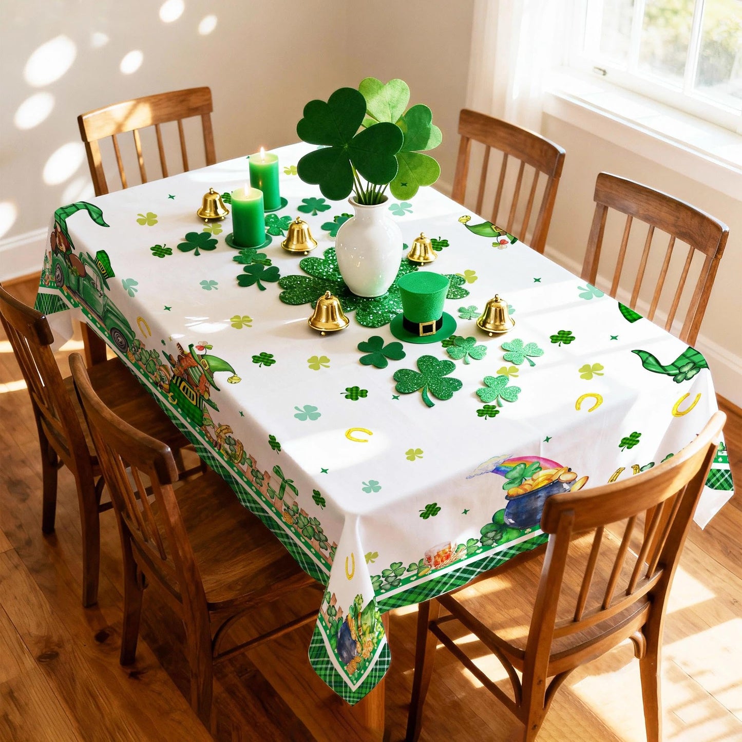 St Patricks Day Tablecloth Rectangle 60 x 84 Inch, Green Shamrocks St Patrick's Table Cloth Gnome Truck Cover for Party Home Dinner Decor