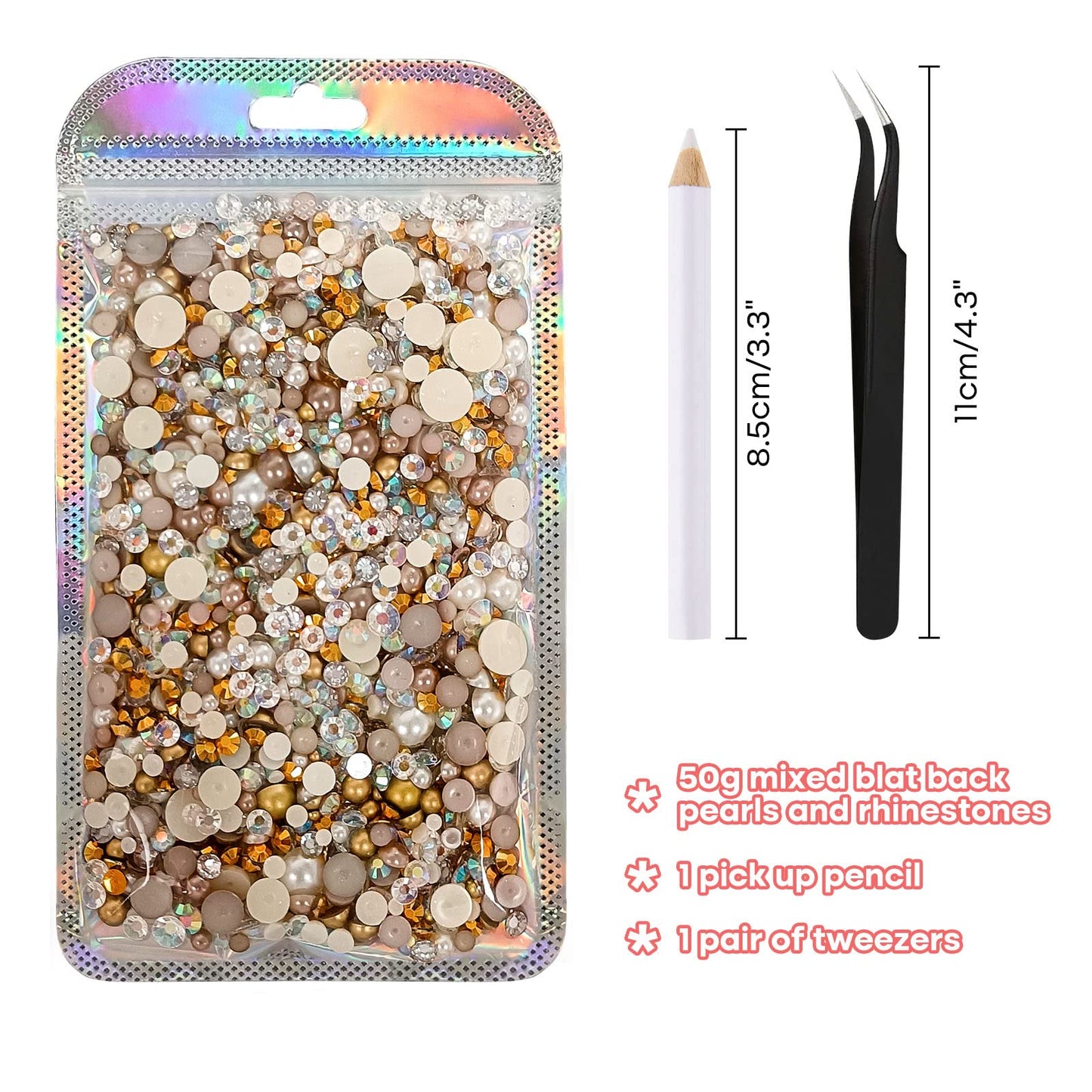 50g Mix Flatback Rhinestones Half Pearls for Craft Mixed Size 3mm-10mm Flat Back Rhinestones for Crafts Flatback Pearls for DIY Tumblers Mugs Nail Art Shoes Clothes (Champagne Gold Series)