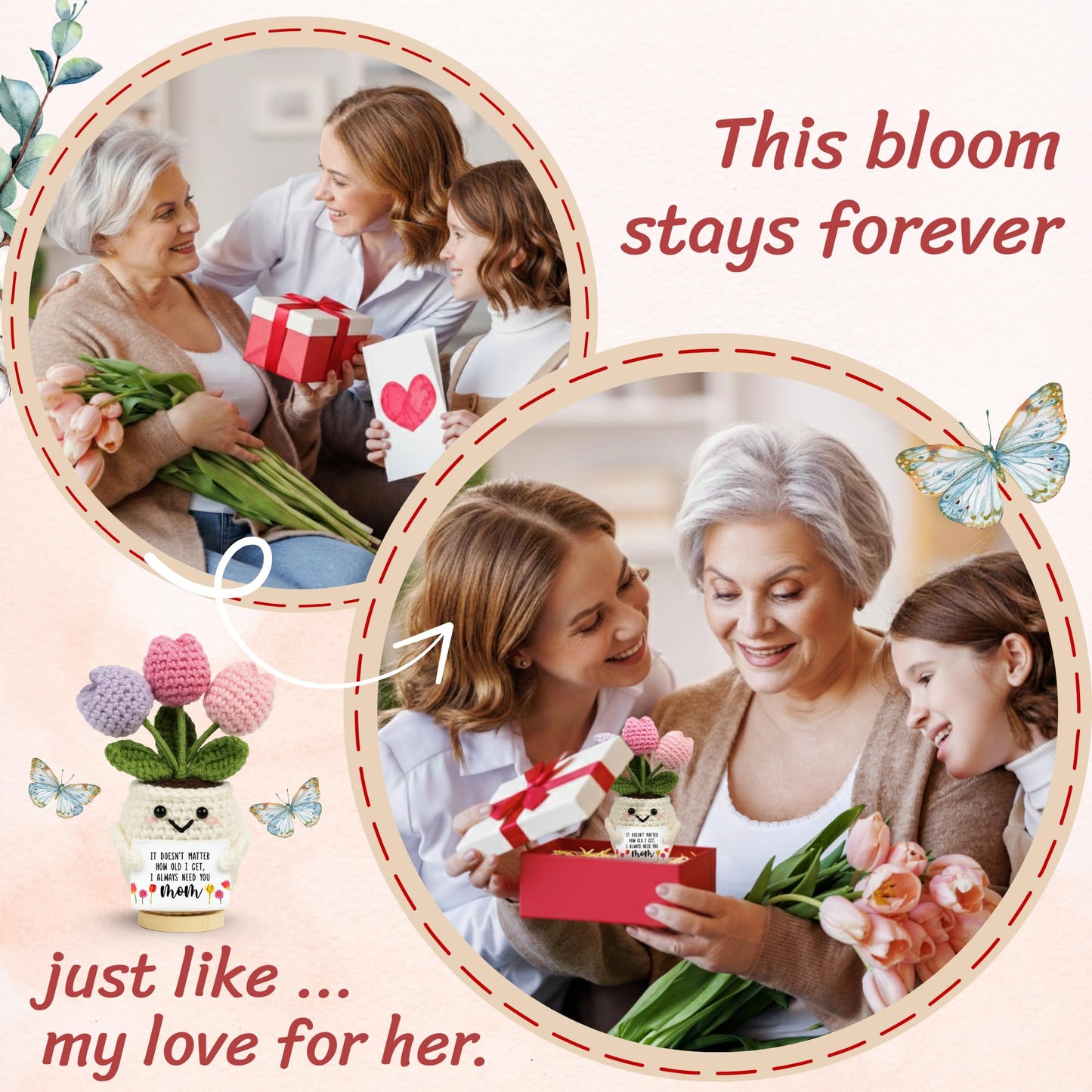 Lucagift Gifts for Mom from Daughter Son - Cute Mothers Day, Birthday Gifts for Moms, Mother, Mama - 5.51'' x 4.13'' Mother's Day Knitted Positive Tulip Flowers Mom Crochet Doll