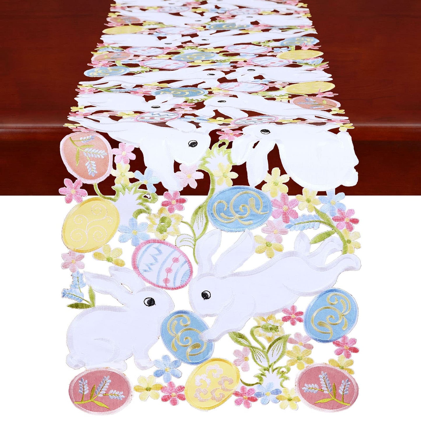 Embroidered Bunny and Colorful Eggs Table Runners for Easter Holiday or Spring Season (14 x 68 inches)