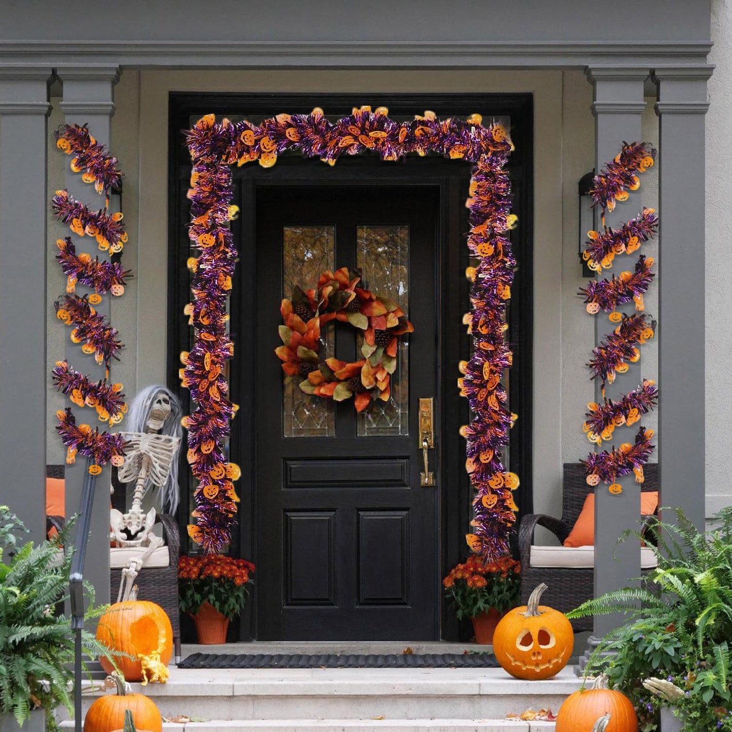 Halloween Garland Decor,33Ft Glitter Tinsel Pumpkin Garland Decorations for Tree Car Golf Cart Parade Float Bike Indoor Outdoor Holiday Home Burnt Orange Black Purple