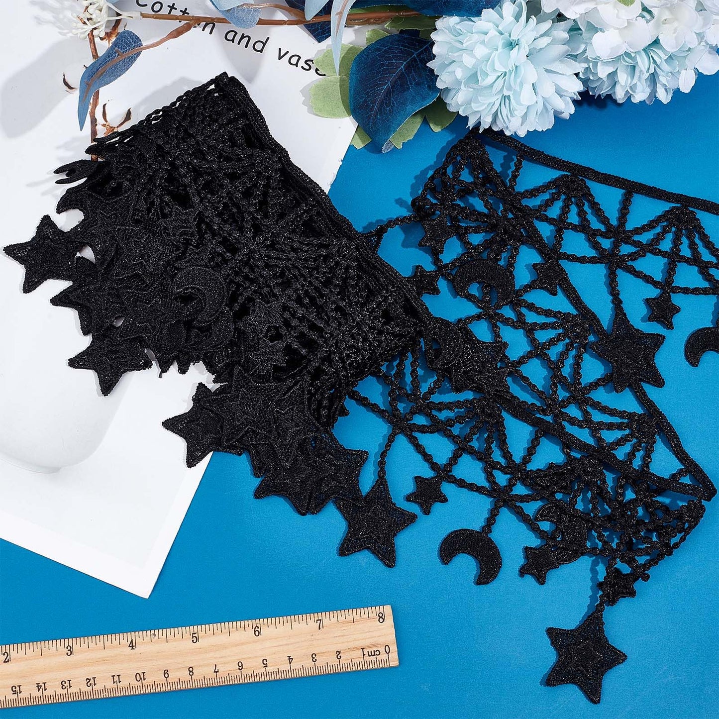3 Yards Black Embroidered Lace Trim Ribbon MoonStar Venice Floral Sewing Crochet Lace Fabric Embroidery Wedding Applique Patch Sticker for DIY Crafts Sewing Gift Wrapping 4.3 Inch Width
