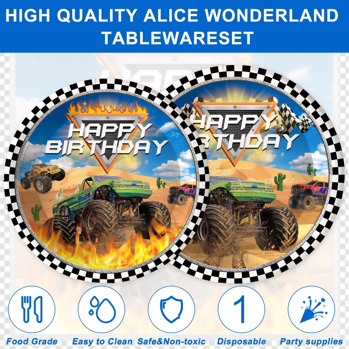 120PCS Monster Truck Party Supplies for Kids Boys 1st 2nd Birthday Party Decorations Monster Car Bday Party Disposable Tableware Set Plates Napkin Cups Set for 20 Guests