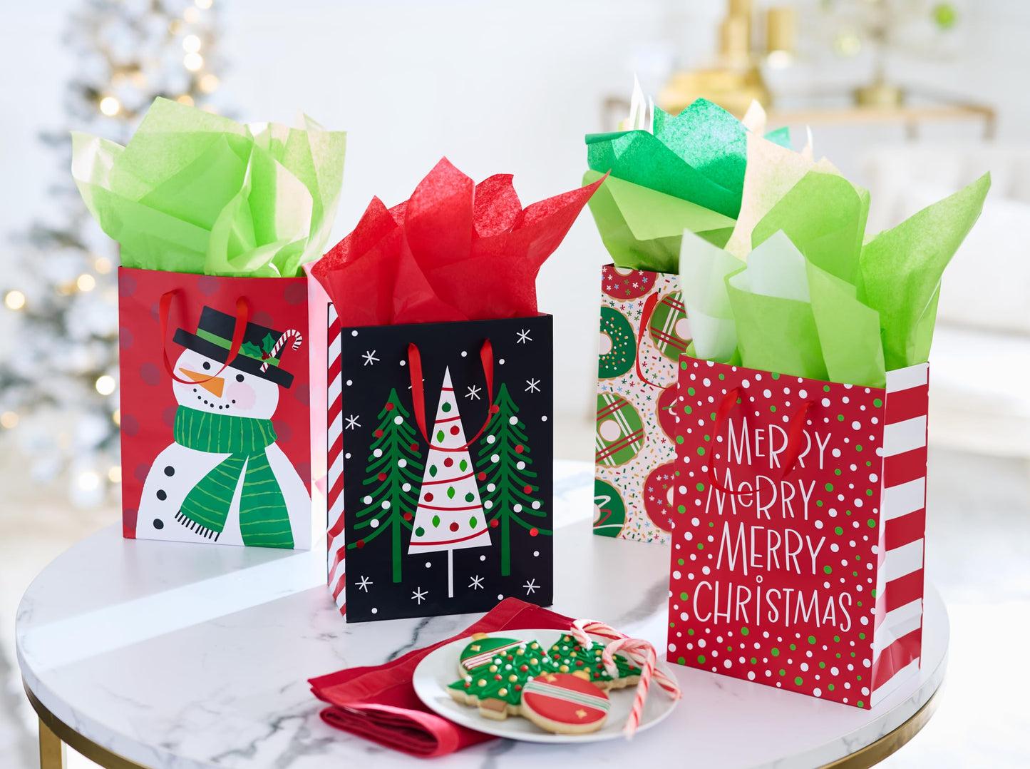 10" Medium Christmas Gift Bags, Red, White, Green and Black Winter Designs (4 Bags)