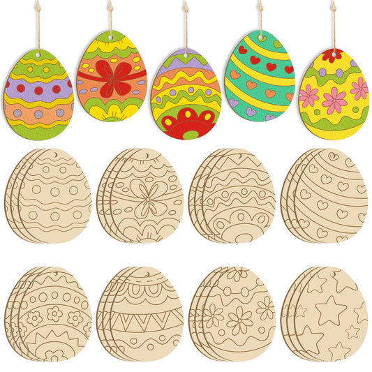 24PCS Wooden Egg Ornaments to Paint Easter Decoration Cutouts Unfinished 8 Different Patterns, DIY Blank Unfinished Wood Discs Ornament for Home Crafts Hanging Spring Decoration 3.5 inches