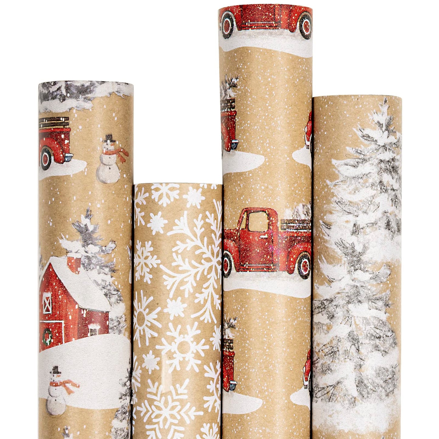 Christmas Wrapping Paper, Kraft Paper - Snowflake, Snowman, Red Truck and Christmas Tree - 4 Rolls - 30 inches x 10 feet per Roll