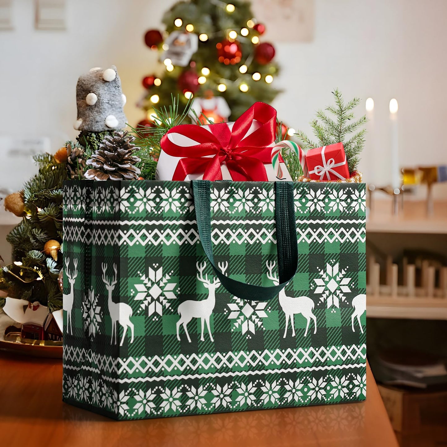 2 Pack 13" Large Christmas Gift Bags with Tissue Paper, Reusable Christmas Tote Bags with Handles, Non-Woven Holiday Gift Bags for Xmas Gift Wrap/Party Favor Supplies, 12.8"*10.2"*6.3"
