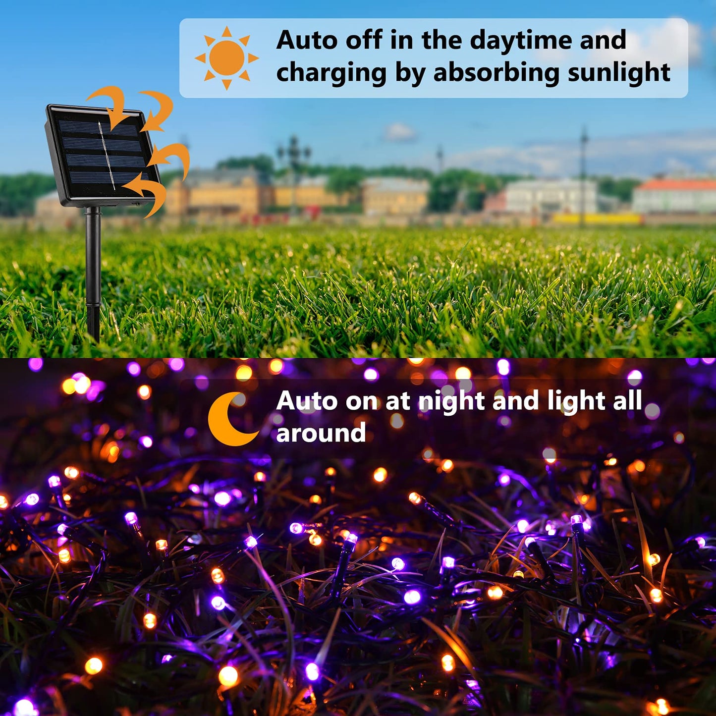 2 Pack Orange Purple Halloween Solar String Lights Total 144 FT 400 LED 8 Modes Waterproof Solar Halloween Lights Outdoor for Halloween Decorations