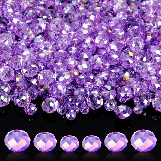 600 Pcs Crystal Glass Beads for Jewelry Making Bulk Faceted Gemstone Rondelle Loose Beads for Bracelet DIY Crafts 8 mm, 6 mm, 4 mm(Purple)