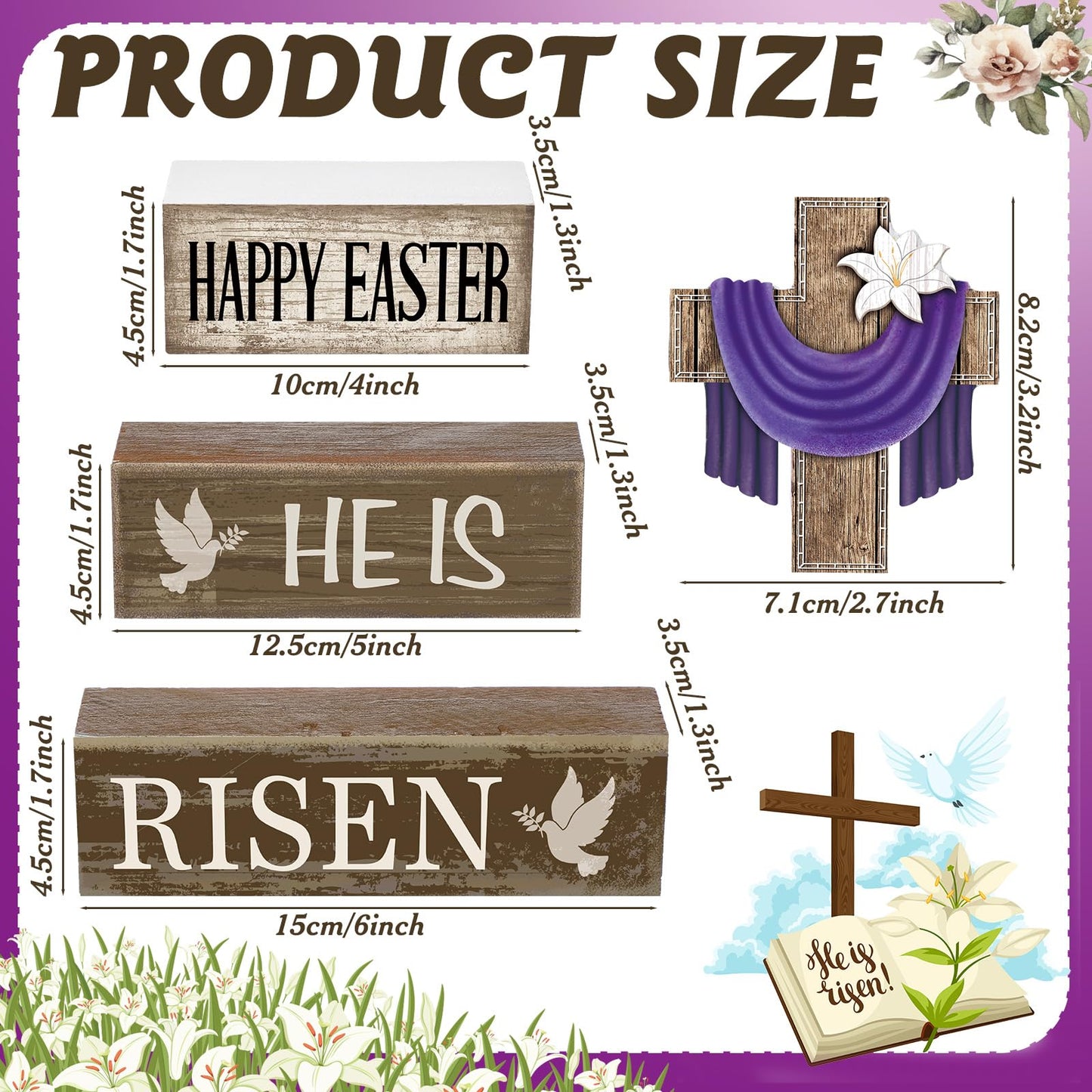 4 Pcs Easter Decorations He Is Risen Wooden Sign Christian Table Centerpiece Religious Cross Tiered Tray Decor Decorative Faux Book Stack Block for Table Fireplace Mantel Floating Shelf