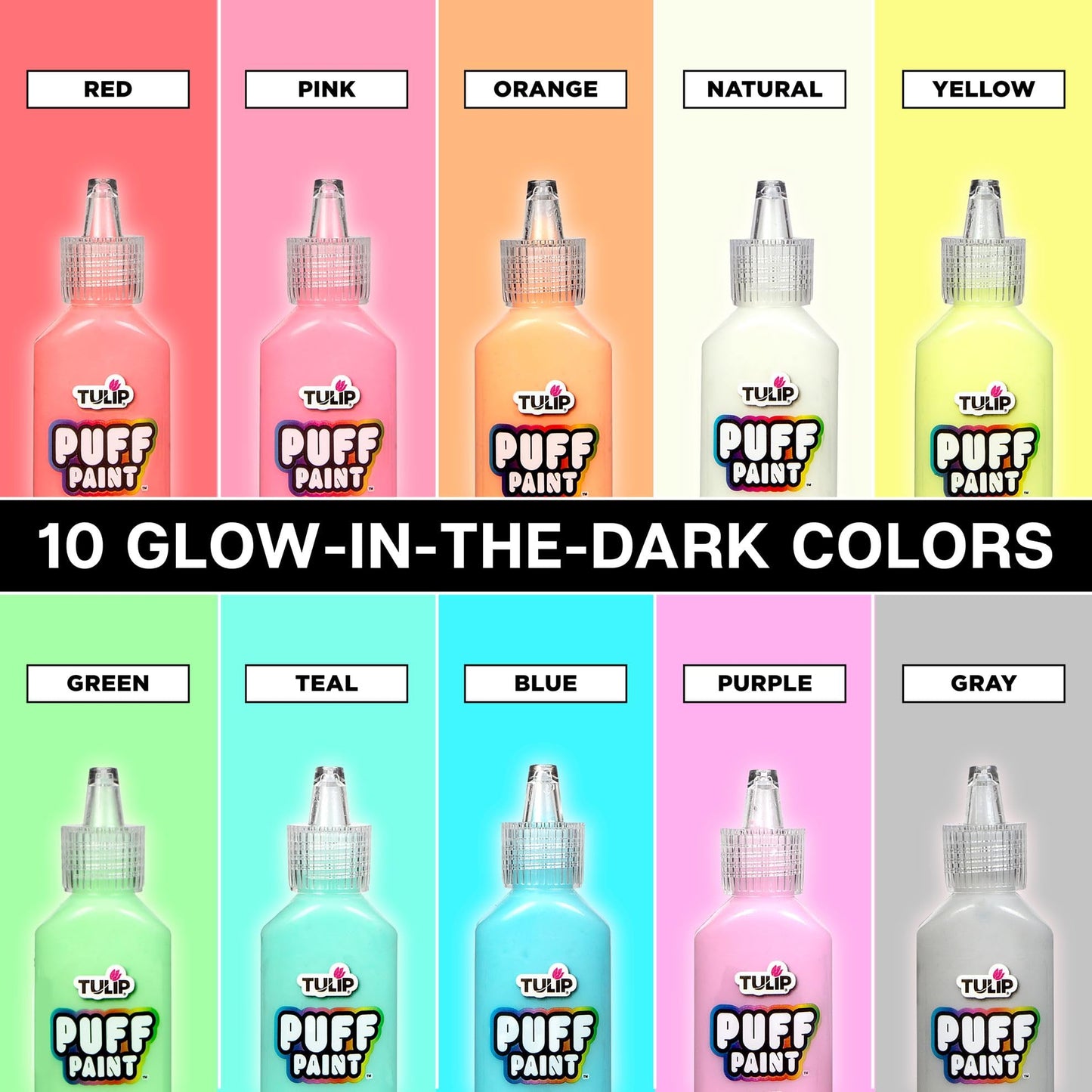 Tulip Puff Paint Glow in the Dark Colors 10-pack, Multi-Surface, Premium Quality, Nontoxic & Waterproof Craft Paint, Permanent on Fabric, 10-pack