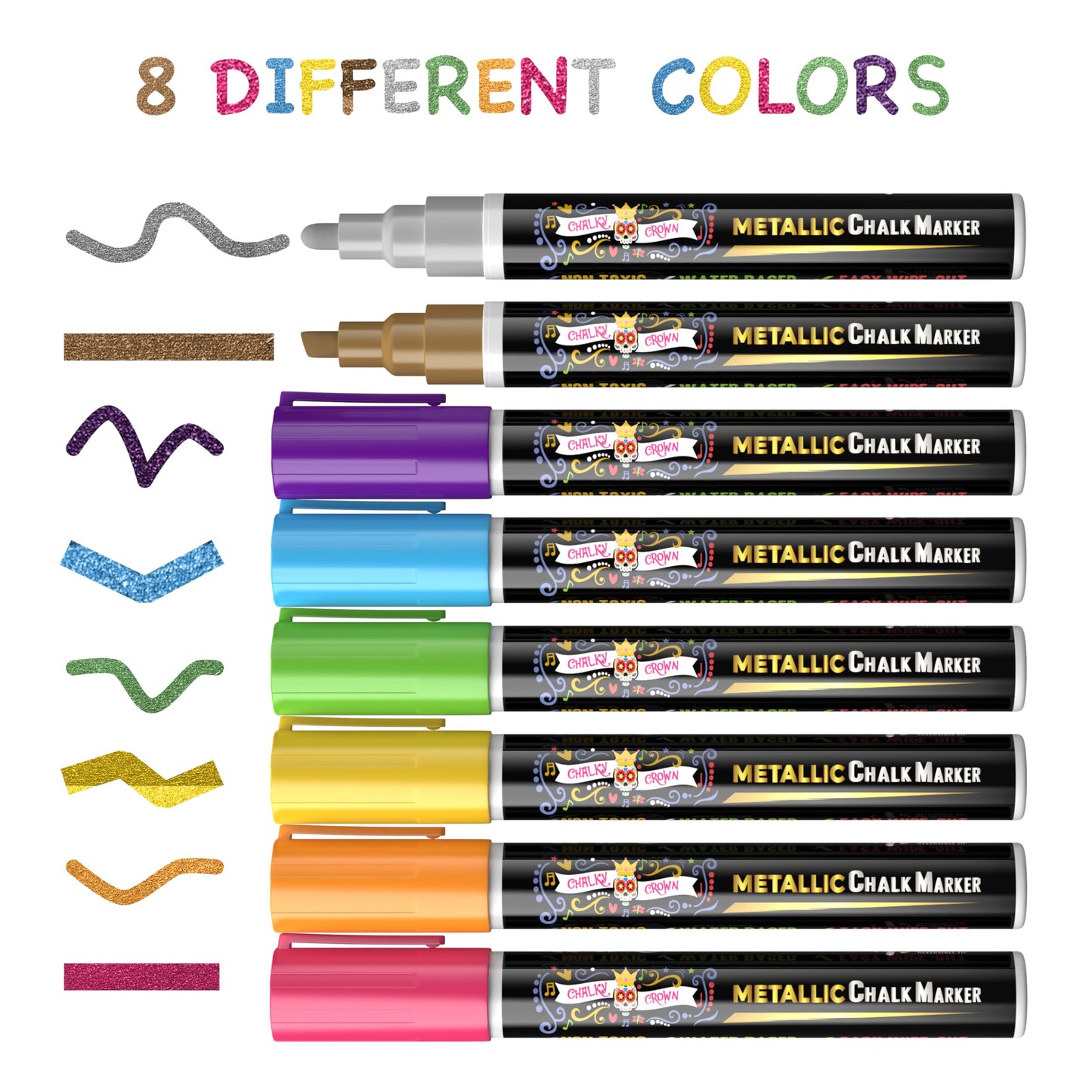CHALKY CROWN Metallic Liquid Chalk Markers - 8 Pack with Reversible Bullet and Chisel Tips - Dust Free, Erasable, Non-Toxic - Ideal for Blackboards, Windows, and Glass - Writing Tools