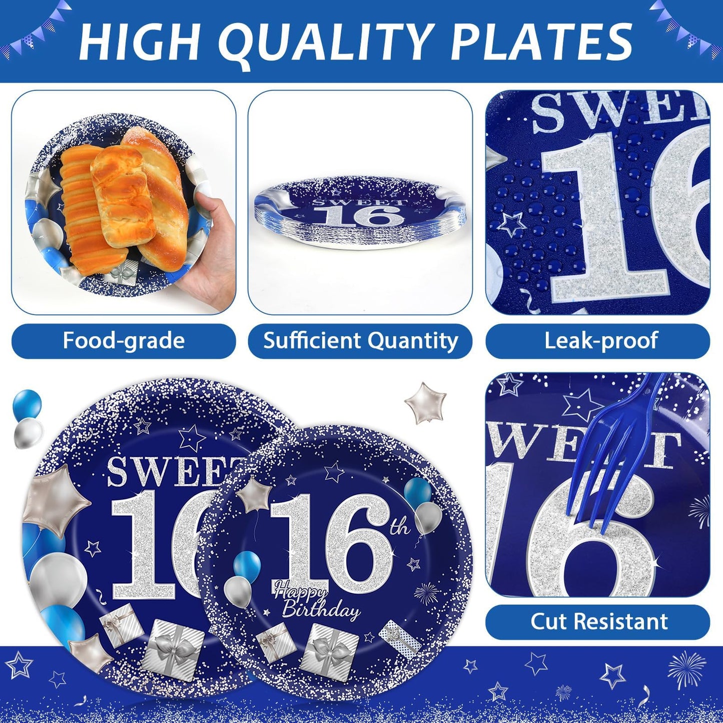 gisgfim 96Pcs 16th Birthday Plates and Napkins Party Supplies Sweet 16 Birthday Party Tableware Set Blue Silver 16th Birthday Decorations Favors for 16 Years Old Boys Girls for 24 Guests
