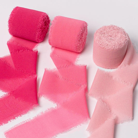 Chiffon Ribbon, Hot Pink Pastel Pink 1.5''x21Yd Frayed Fringe Silk Ribbon for Gift Wrapping, Handmade Ribbons for Floral Vase, Halloween, Wedding, Birthday, Engagement, Bridal Shower, 3 Rolls