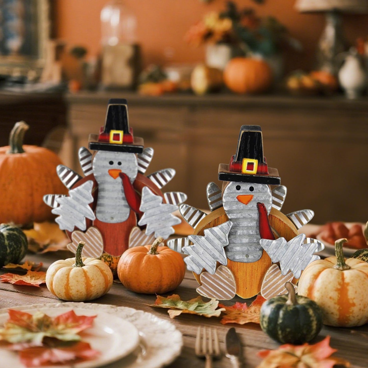 2 Pack Thanksgiving Turkey Decorations, Wooden Turkey Figurines Table Decor for Office Bedroom Kitchen, Indoor Harvest Fall Decorations for Home