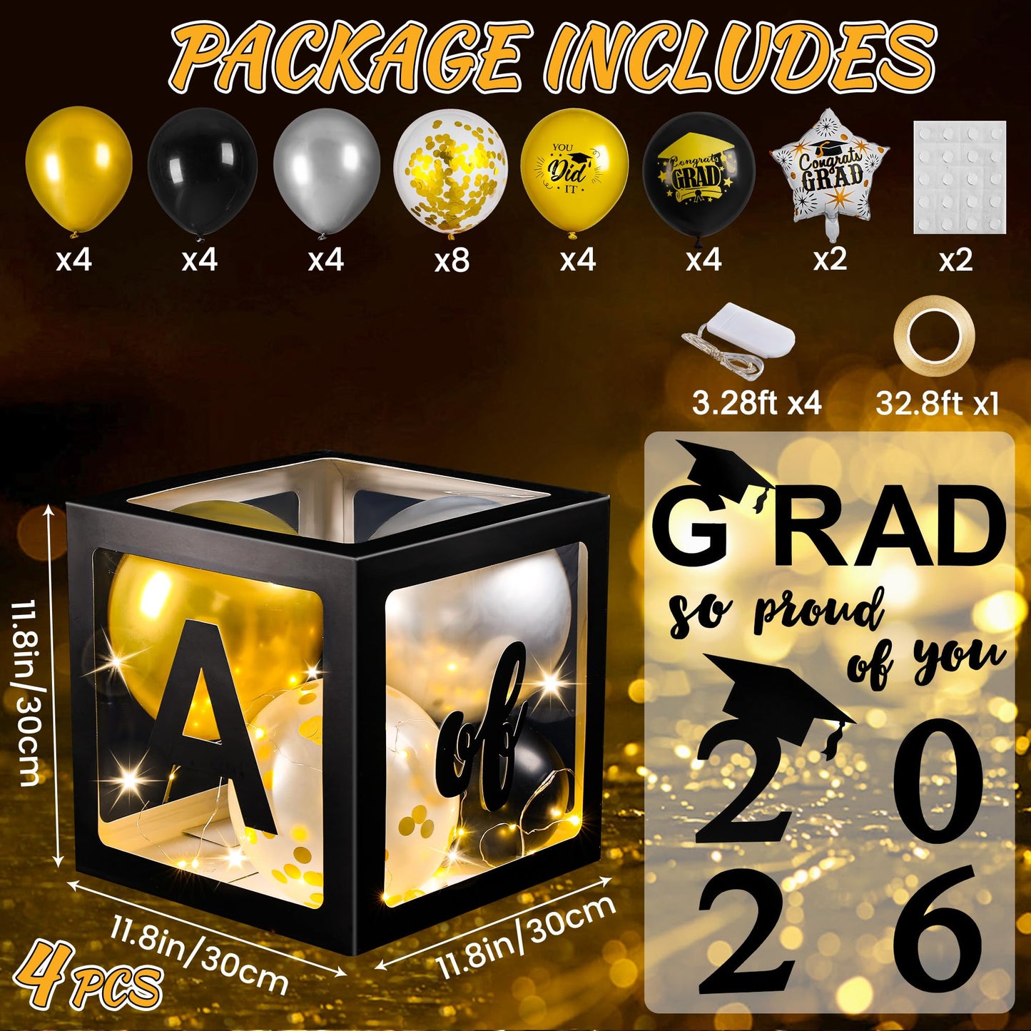 AYGXU Graduation Decorations 2026-Graduation Party Decorations,Graduation Balloons Boxes(4PCS) with LED Light Strings & Letters 2026 GRAD So Proud of You,Party Favors For Any Grades Class.