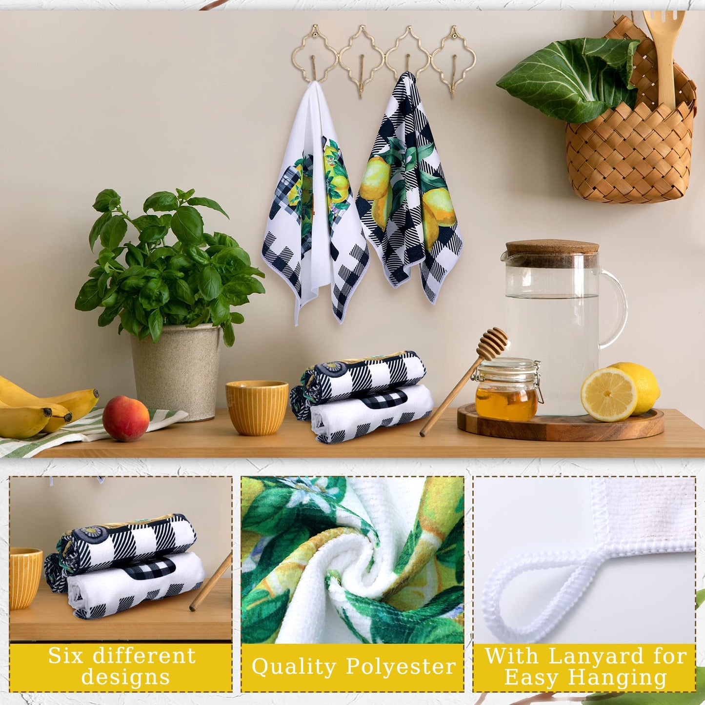 Redbaker 6 Pcs Lemon Kitchen Towels Lemonade Dish Towels with Sayings Decorative Hand Tea Dishcloths for Kitchen Decor with Hanging Loop for Housewarming Gift(Black White,Plaid Lemon)