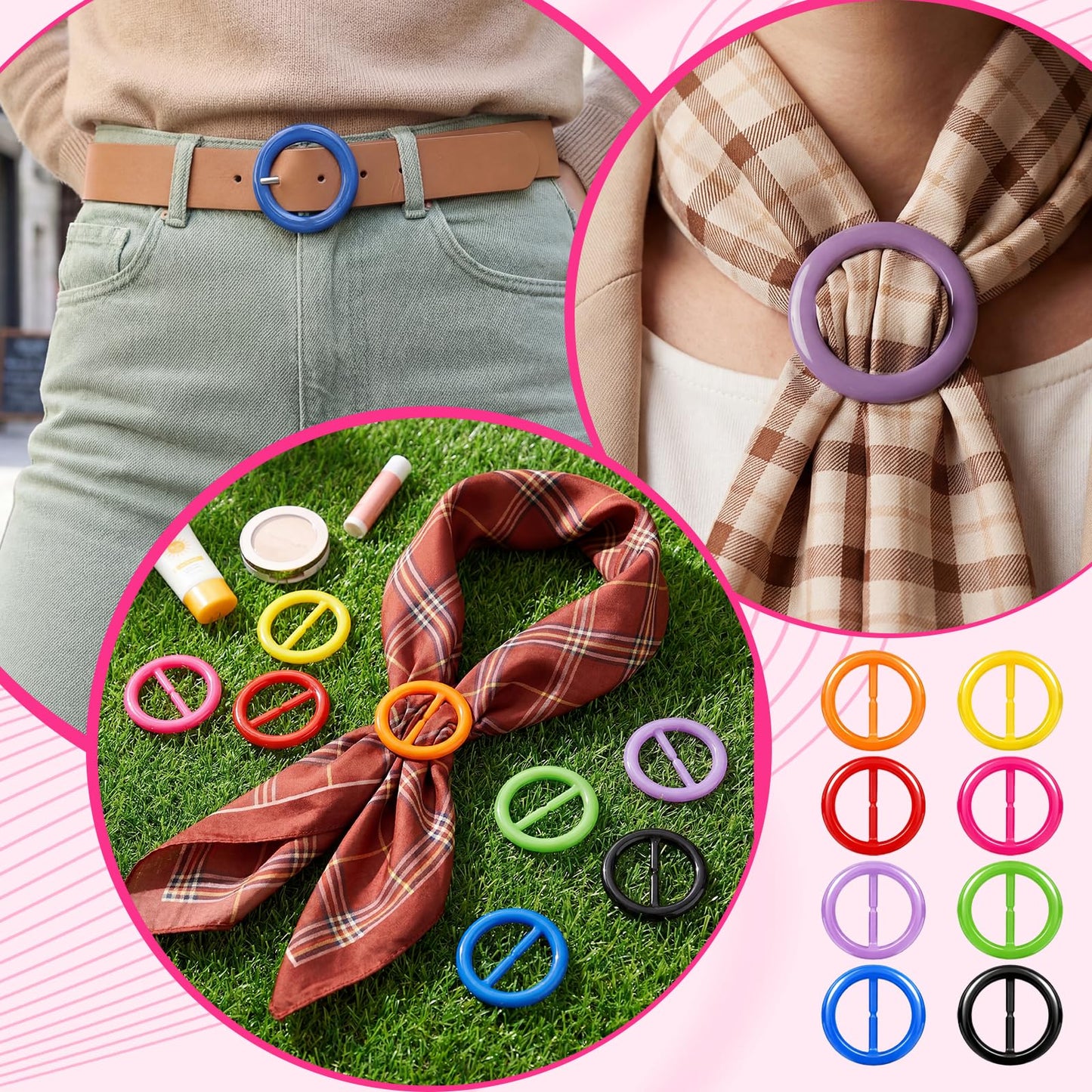 Boao 16 Scarf Ring for Women T Shirt Clips to Tighten Scarf Ring and Slides Clothes Corner Knotted Button for Sweater Dress(Rainbow Style)