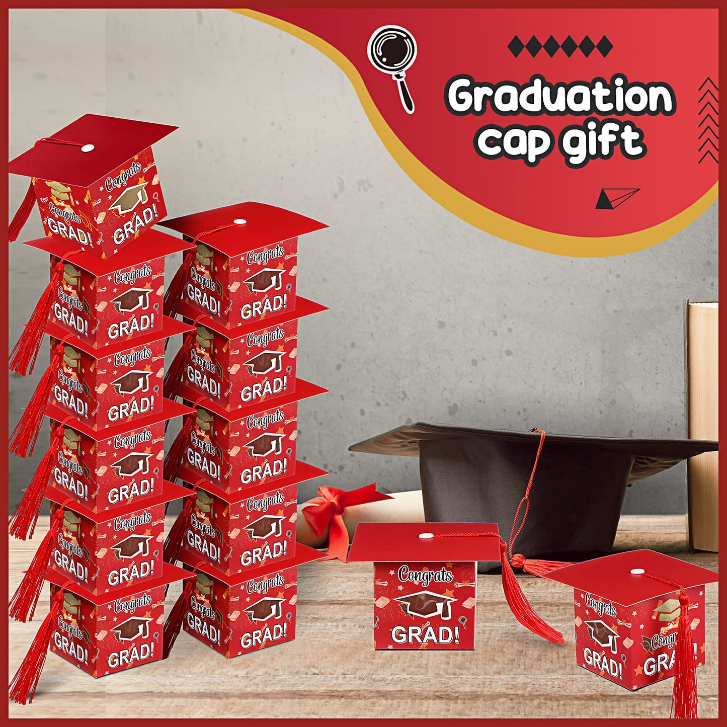 Pajean 30 Pcs Graduation Cap Candy Gift Box Grad Hat Gift Box Treat Boxes with Tassels Graduation Party Favors for Guests Class of 2026 Decorations(Red)