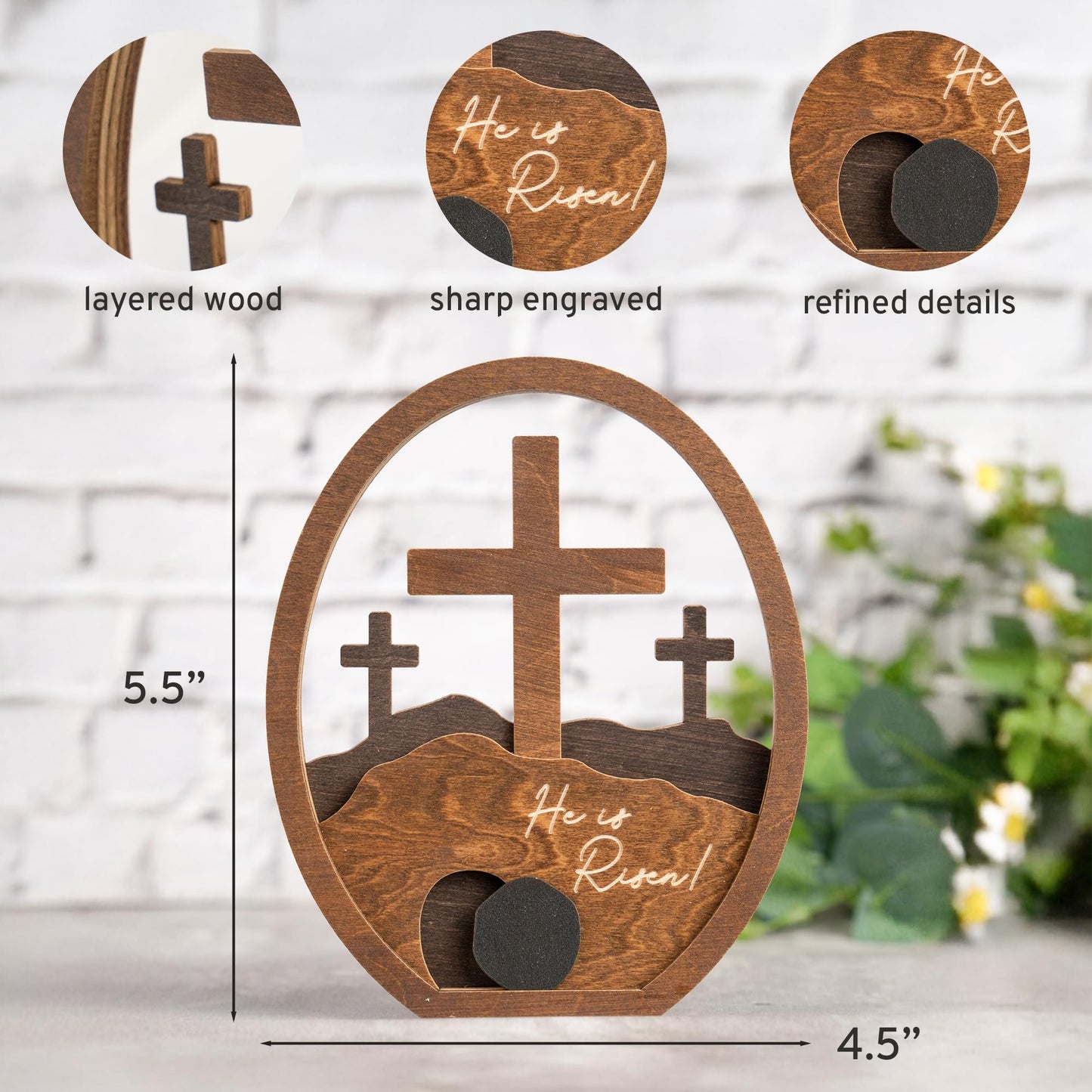 He is Risen Gifts for Adults, Easter Decor Resurrection Scene Empty Tomb, Christian Table Decorations Indoor, Catholic Cross Jesus Religious Easter Gifts Decor (Walnut Wood)
