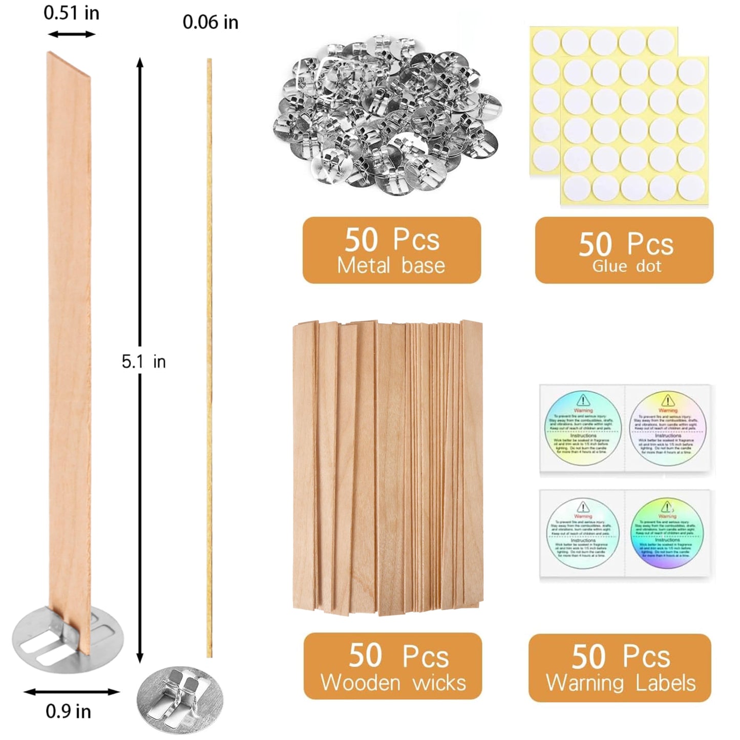 Visgaler 200 Pcs Thicked Wood Candle Wicks for Candle Making, 5.1 X 0.51X 0.06 Inch Upgrade Wood Wicks, Wooden Wicks Box Includes Iron Stander, Glue Dot, and Warning Labels (50 Sets)