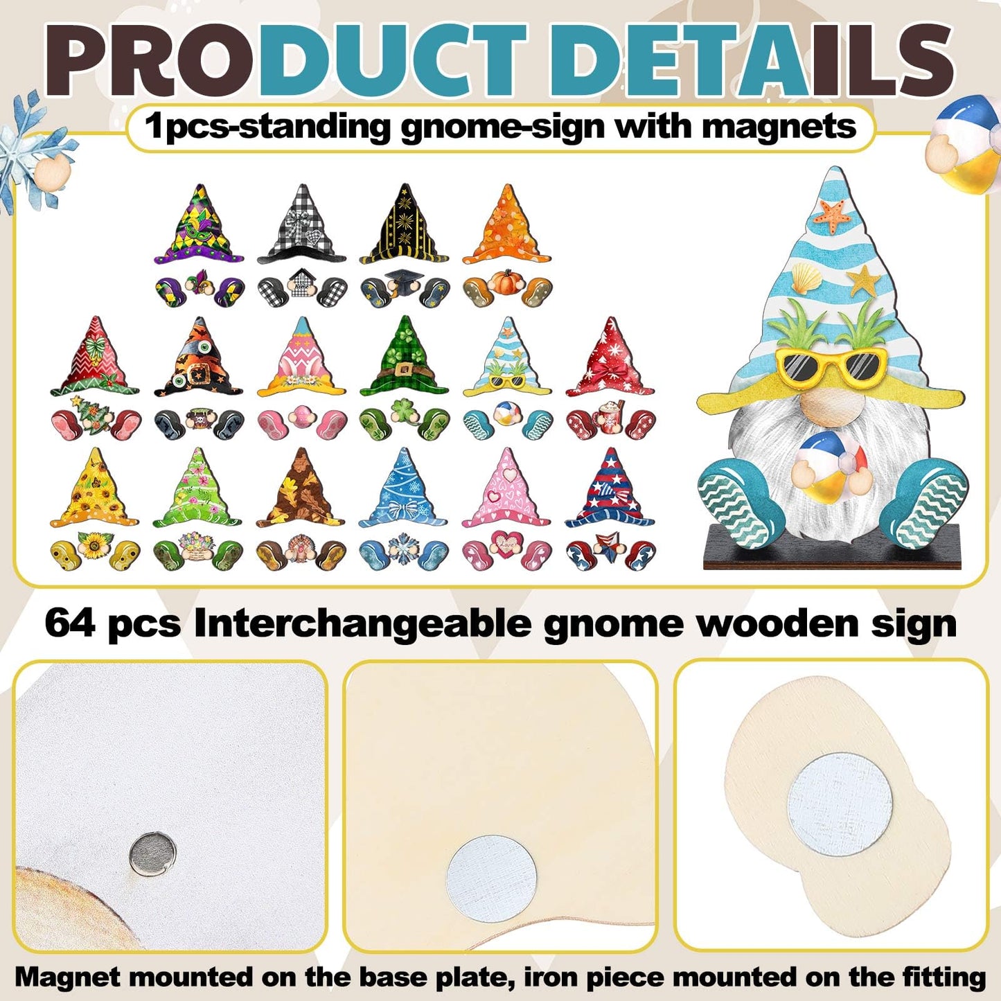 34 Pcs Christmas Interchangeable Wooden Gnome Decor DIY Holiday Christmas Seasonal Tiered Tray Decoration Gnomes with Magnet Pieces Welcome Sign for Xmas Holiday Decorations (Vivid)