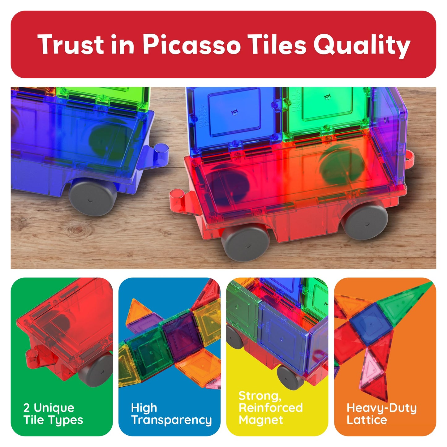 PicassoTiles 2 Piece Car Construction Vehicles Truck Toys for Magnetic Building Blocks Magnet Toy Kit with Sensory Magnets Re-Enforced Hitch & Long Bed Travel Educational Girls Boys Toddlers Ages 3+