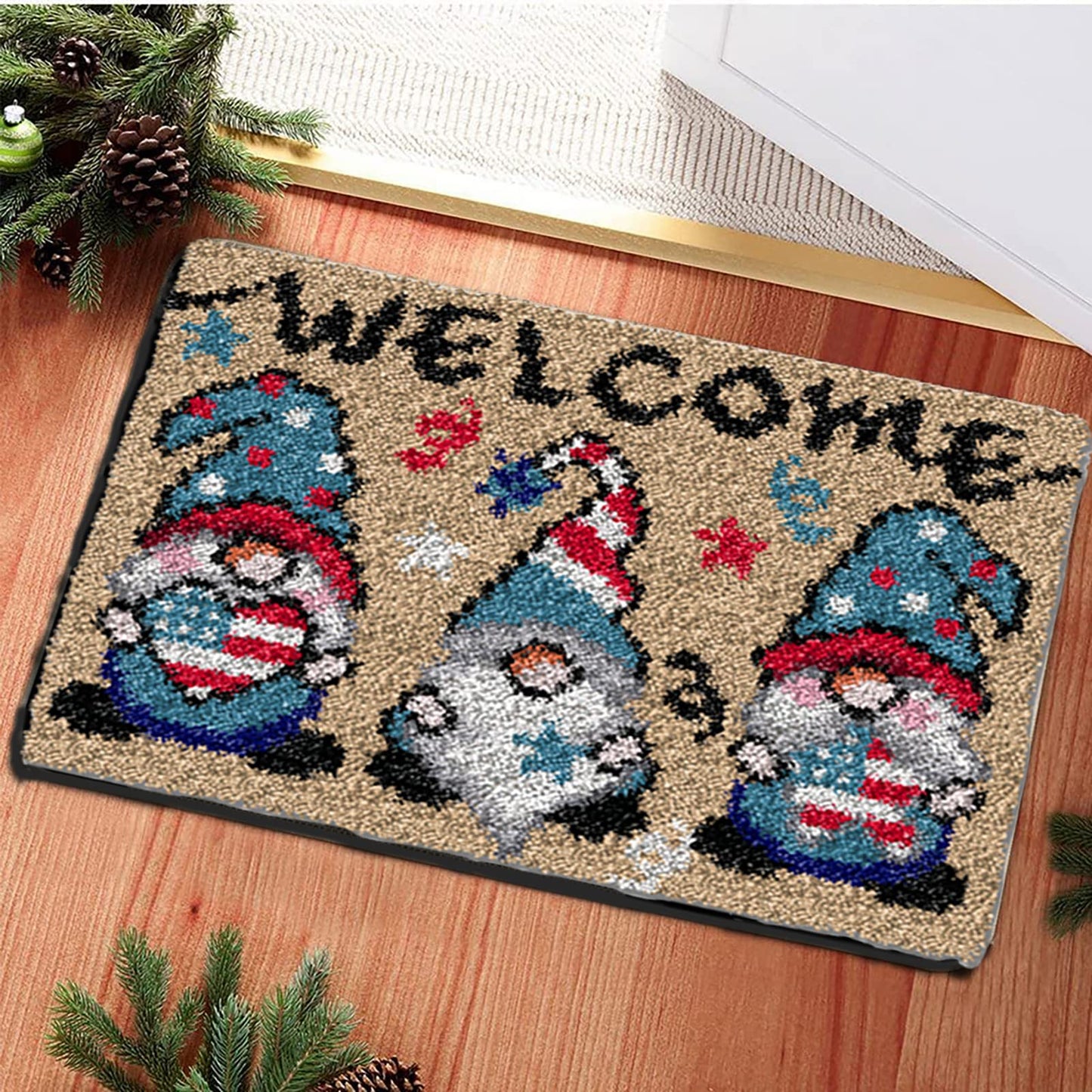 TEZKIM Latch Hook Kits for Adults Kids Christmas Rug Making Kits with Printed Canvas Carpet Tapestry Kits DIY Needlework Doormat Creative Gift Home Decoration 20.5Inch X13.8Inch (Beige)