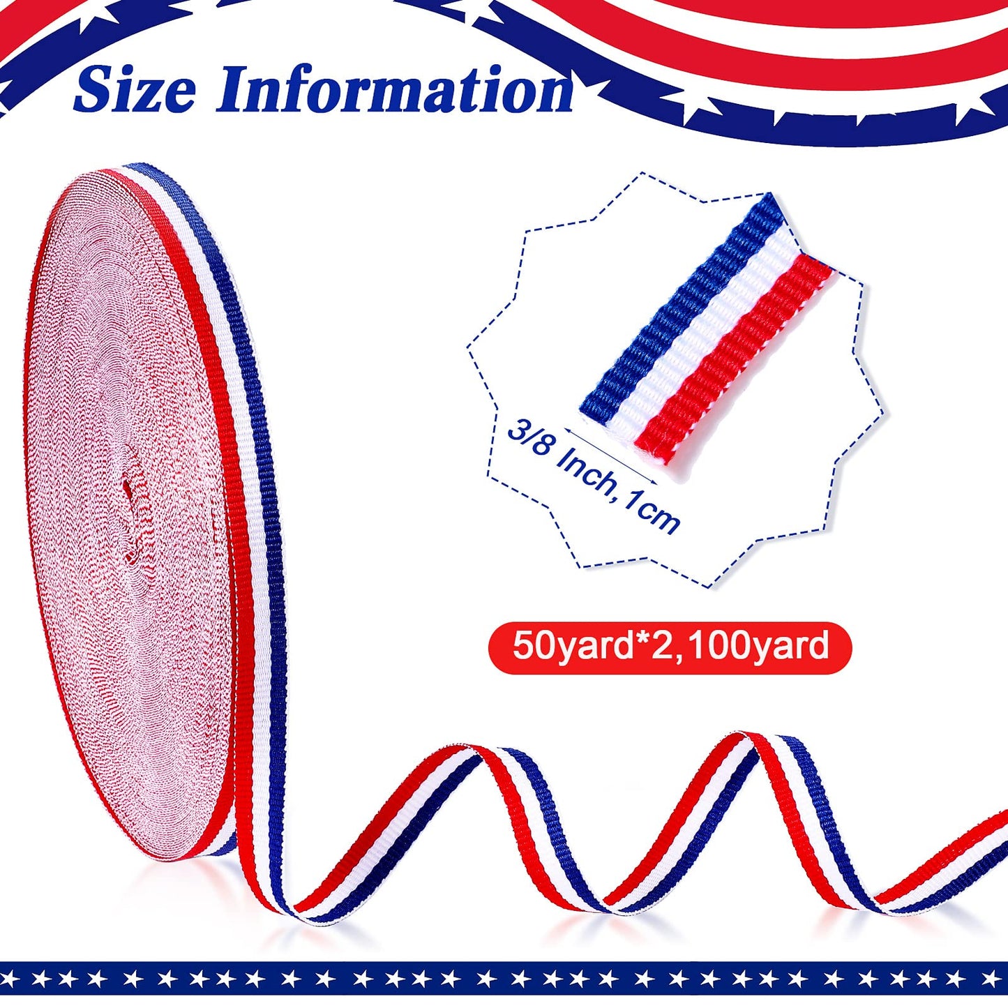 Red White Blue Striped Grosgrain Ribbon Use for Memorial Day Gift Wrapping, Party Decoration, DIY Crafting and Sewing (Red, White, Blue,3/8 Inch x 100 Yard)