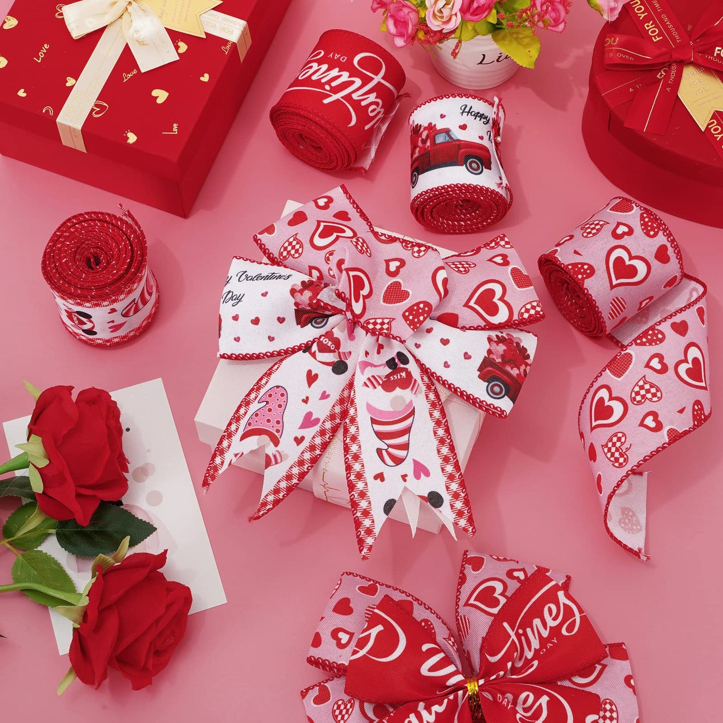 Valentine's Day Wired Edge Ribbon 2.5 Inch Red Pink Heart Love Gnome Truck Fabric Ribbon Sweet Wedding Anniversary Craft Ribbon for Wrapping DIY Bow Wreath Crafts Making, 24 Yards