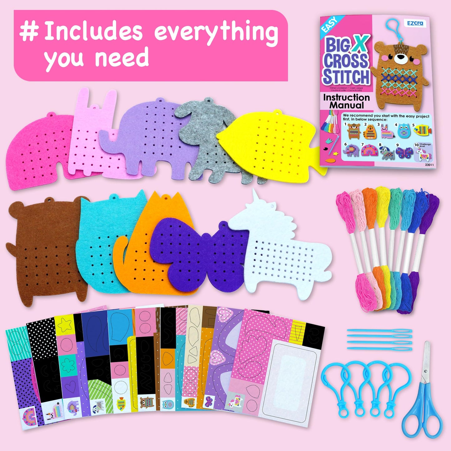 Beginner Needlepoint Cross Stitch Kit for Kids Ages 5-8 – Easy Embroidery Starter Set with Jumbo Plastic Needles, Pre-Printed Patterns, Instructions – DIY Arts & Crafts Gift for Girls & Boys