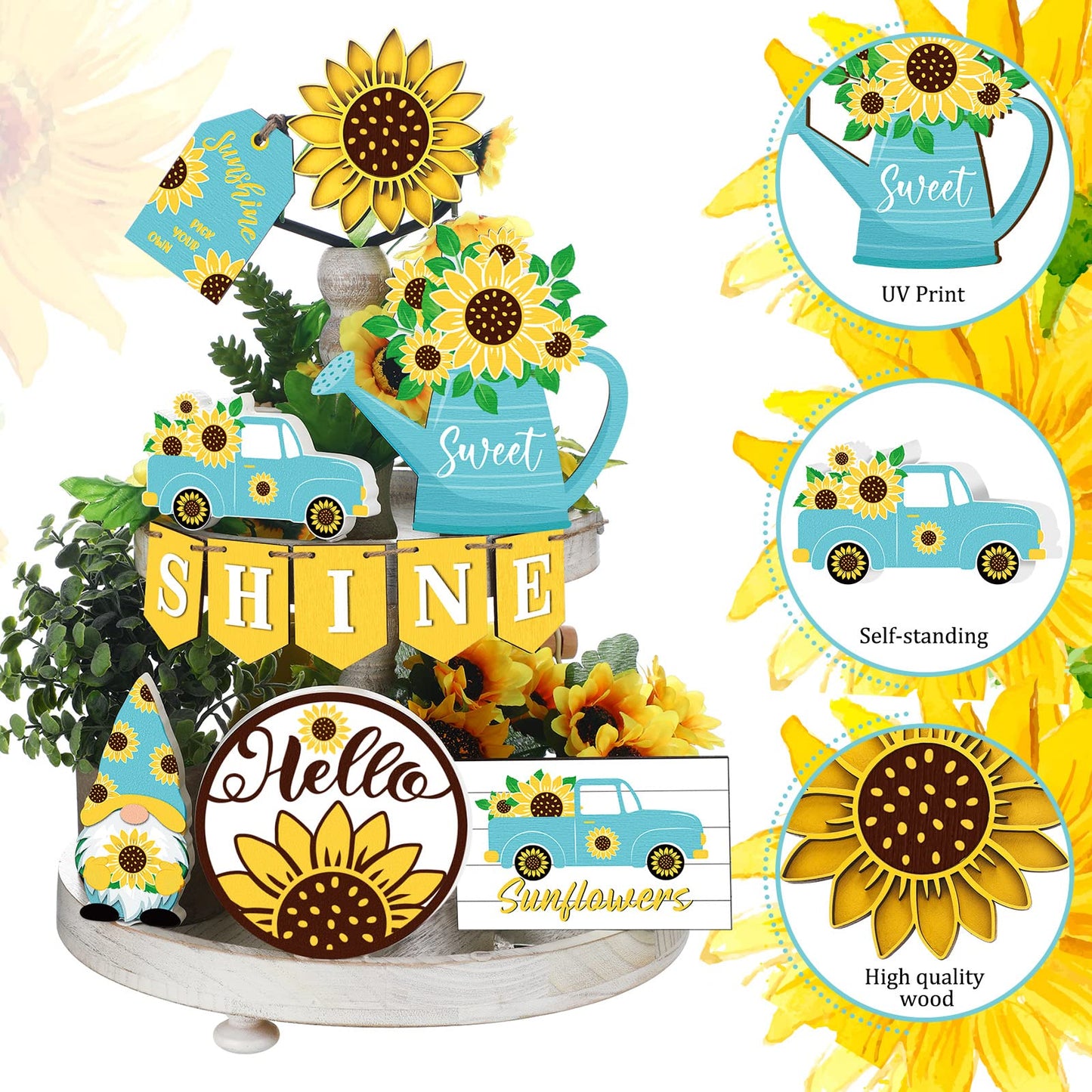 12 Pcs Sunflower Tiered Tray Decor Wooden Summer Tiered Tray Items Truck Gnomes Trays Signs Spring Summer Fall Tabletop Signs for Home Farmhouse Rustic Kitchen Decorations (Sunflower)