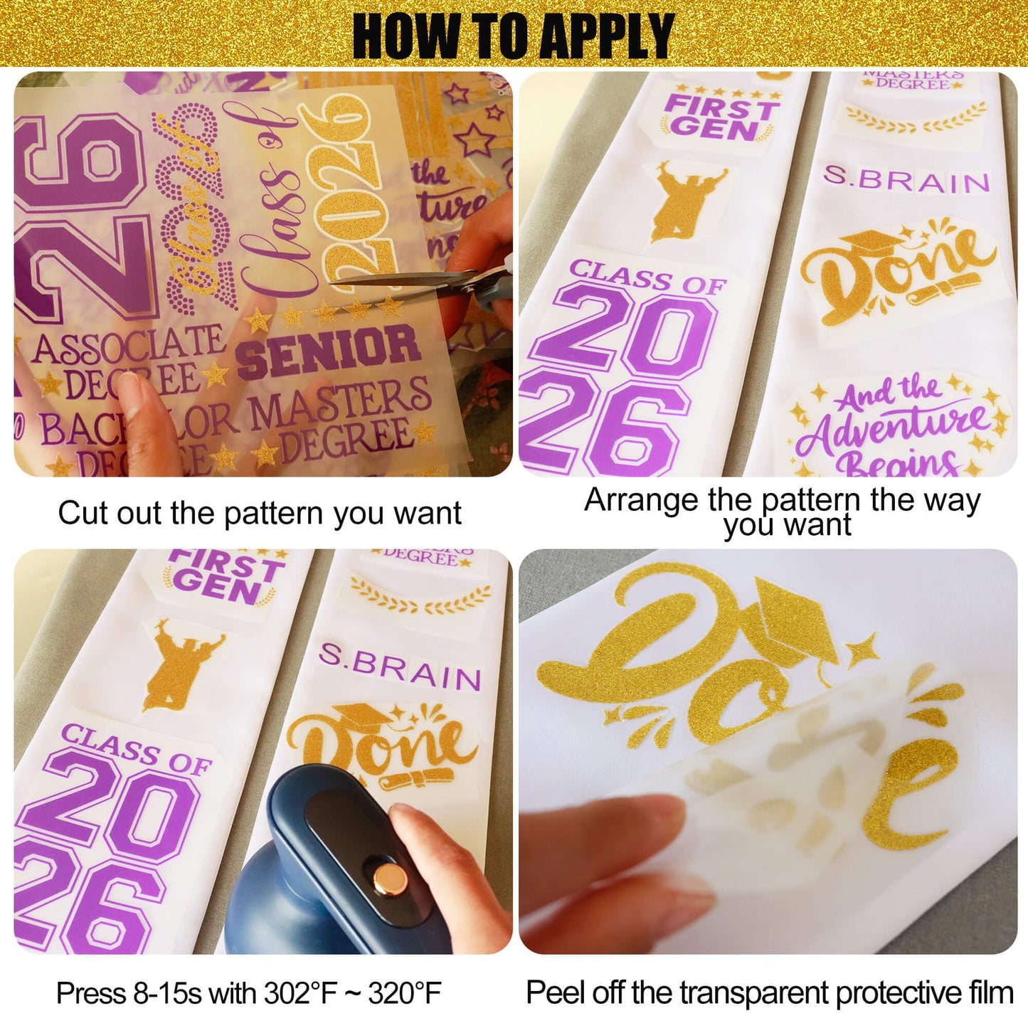 Senior College First Generation Graduation Stole Sash Class of 2026 Decorations DIY Customize Grad Stole Sash Personalized Iron-On Decals Heat Transfer Vinyl HTV Cutouts Set, Purple Gold