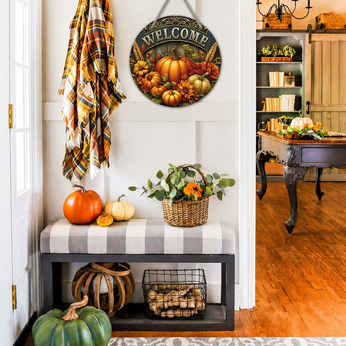Fall Door Sign Autumn Pumpkin Welcome Wreath for Front Door Decor