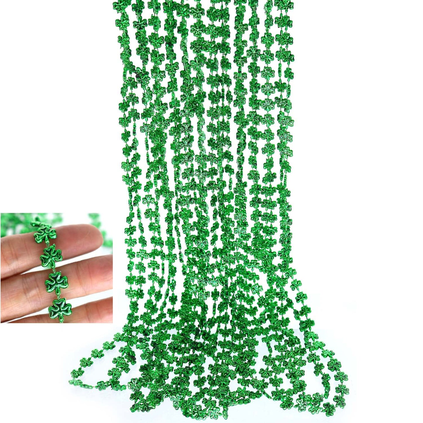 GiftExpress 12 pack of 33 St. Patricks Day Shamrock bead Necklaces, Mardi Gras Bead Necklaces, Matellic Green Shamrock Clover Bead Necklaces, Party Beads, Costume Jewelry