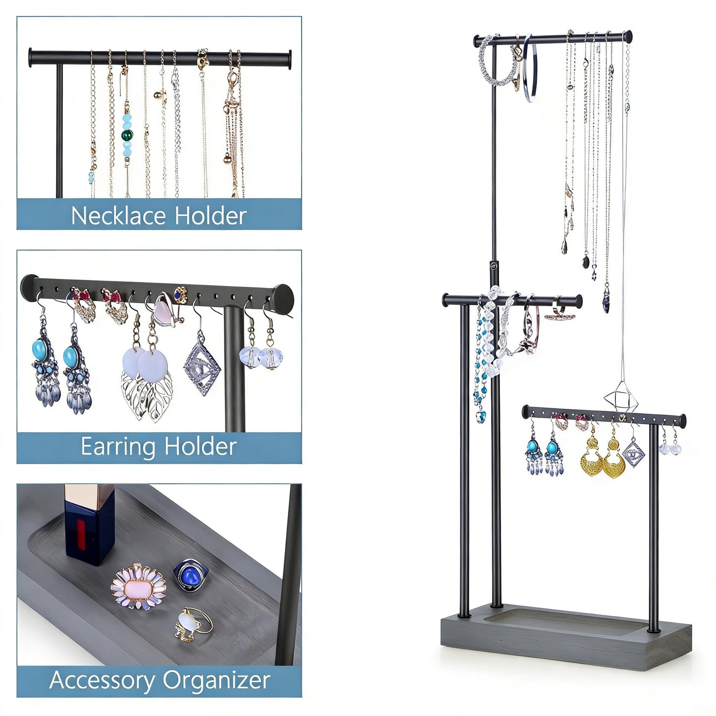 SRIWATANA Jewelry Organizer Display Extra Tall Necklace Holder 3 Tier Jewelry Tree Stand, Gift Idea (Weathered Grey & Black)