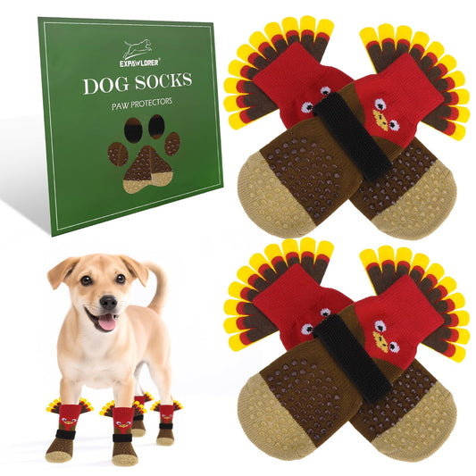 Thanksgiving Anti Slip Dog Socks to Prevent Licking Paws,Boots & Paw Protectors with Grippers,Doggie Booties for Hardwood Floors for Small Medium Large Senior Dogs Lifelike Costume Turkey S