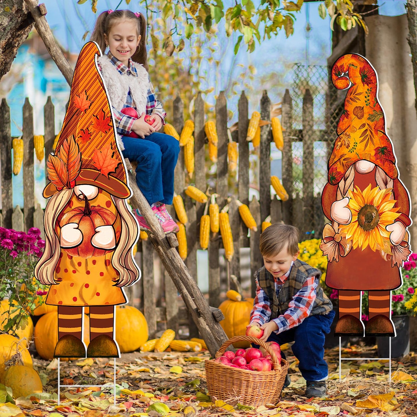 3 Pcs Thanksgiving Yard Decor Cute Fall Gnome Yard Sign with Stakes 32 x 10 Inch Autumn Gnome Outdoor Lawn Decor, Outside Thanksgiving Garden Decoration for Home Pathway Walkway